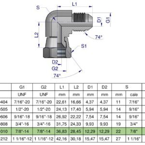 Kolanko hydrauliczne calowe AB 7/8" UNF (JIC) Waryński [W-5825251010]