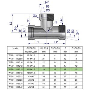 Trójnik hydrauliczny metryczny BBB M22x1.5 15L (XT) Waryński ( sprzedawane po 5 ) [W-7011111515]